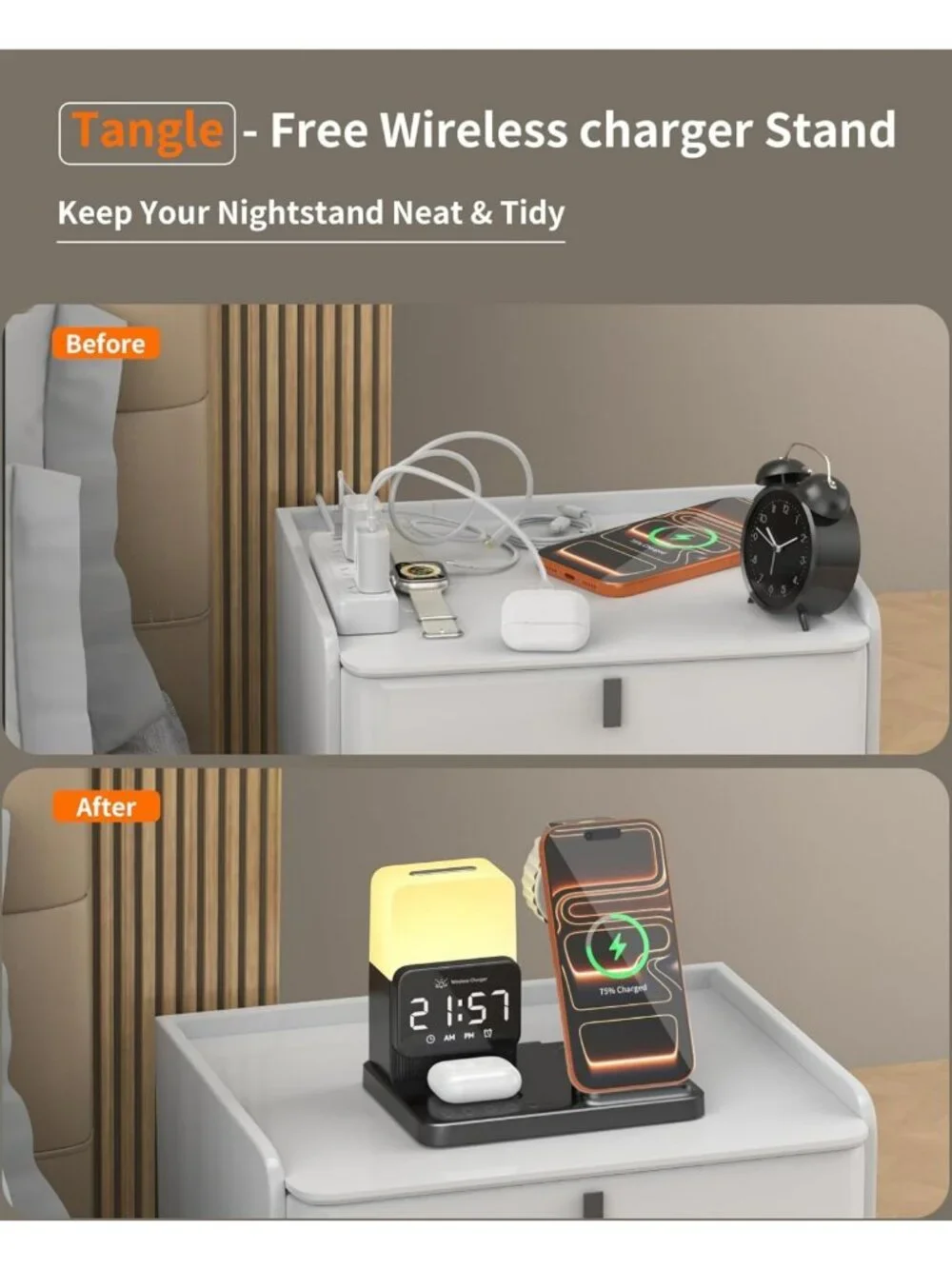 6-in-1 Wireless Charging Station for iPhone, Apple Watch, AirPods & Night Light